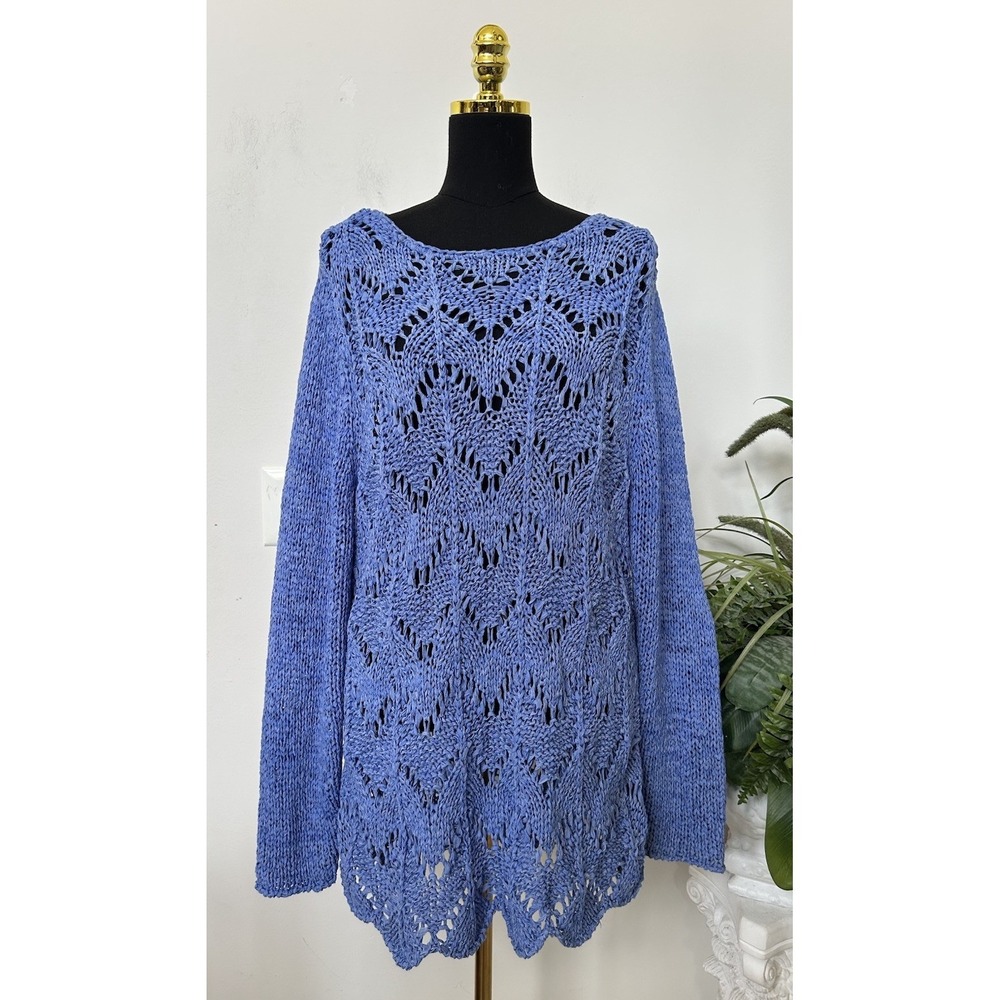 Chicos Periwinkle Blue Pointelle Lace Knit Sweater Coastal Grandma Boho XL